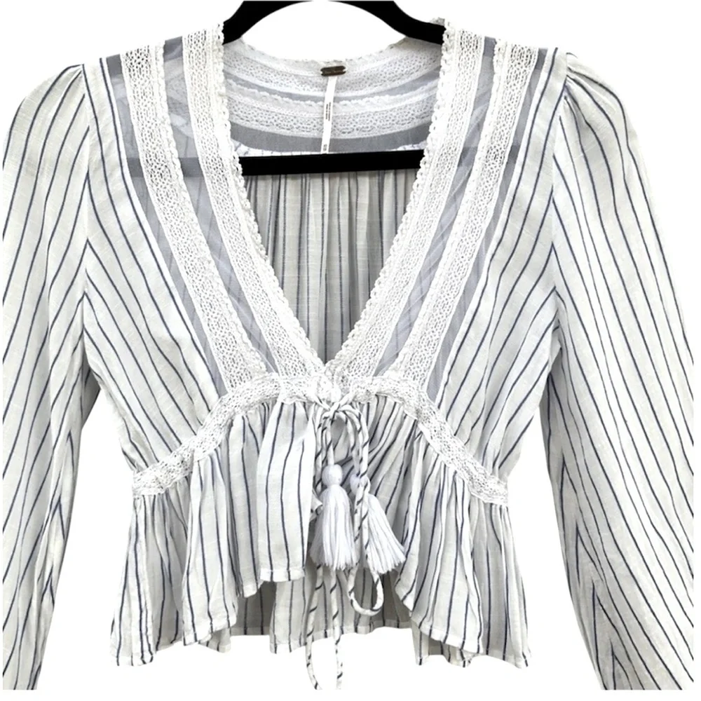 Free People | Oberoi Hippie Plunging V Neck Lace Tassel Boho Sheer Peplum Top- M - Picture 5 of 9